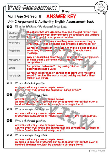 Multi Age 3-6 Year B English Pre- and Post-Assessment Unit 2 Argument and Authority