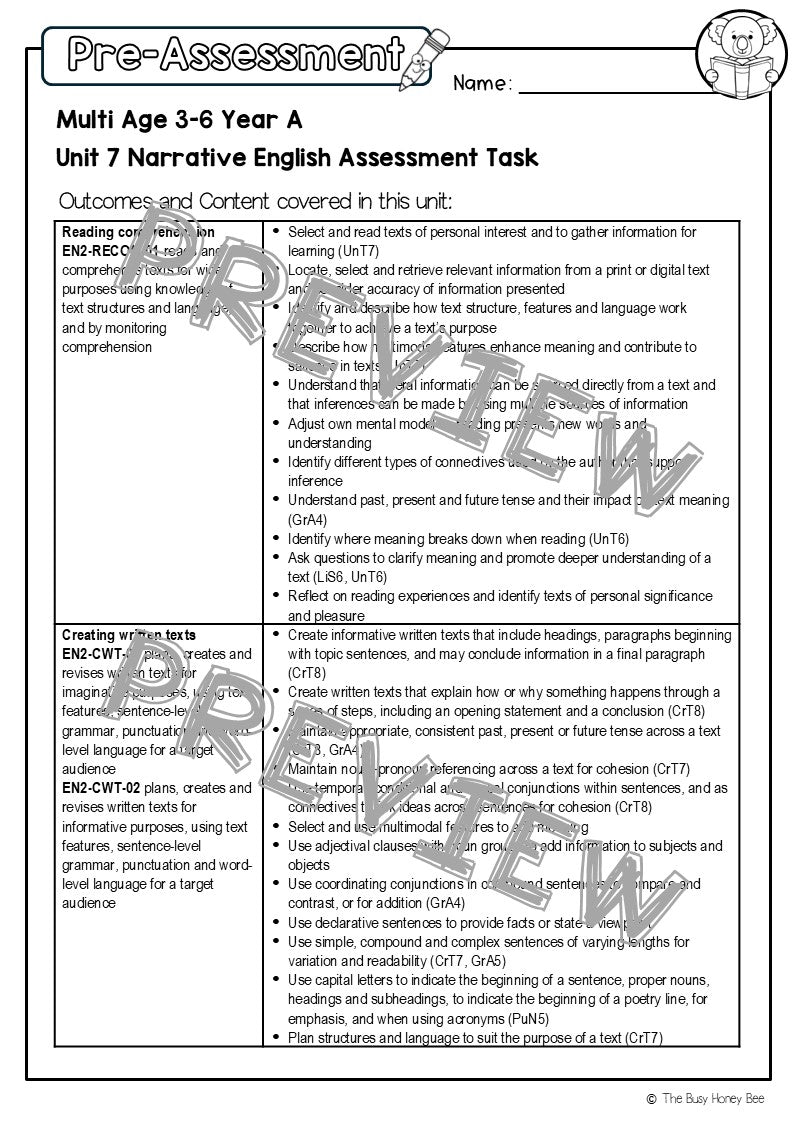 Multi Age 3-6 Year A English Pre- and Post-Assessment Unit 7 Narrative