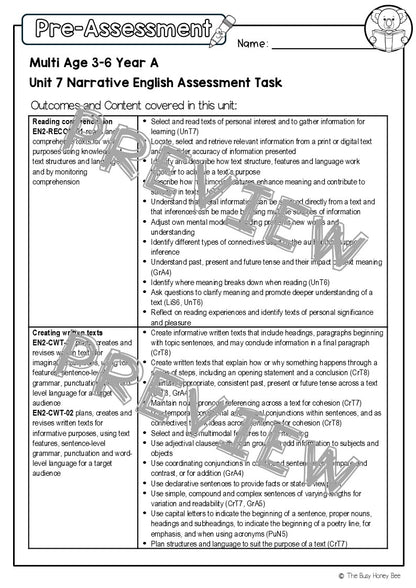 Multi Age 3-6 Year A English Pre- and Post-Assessment Unit 7 Narrative