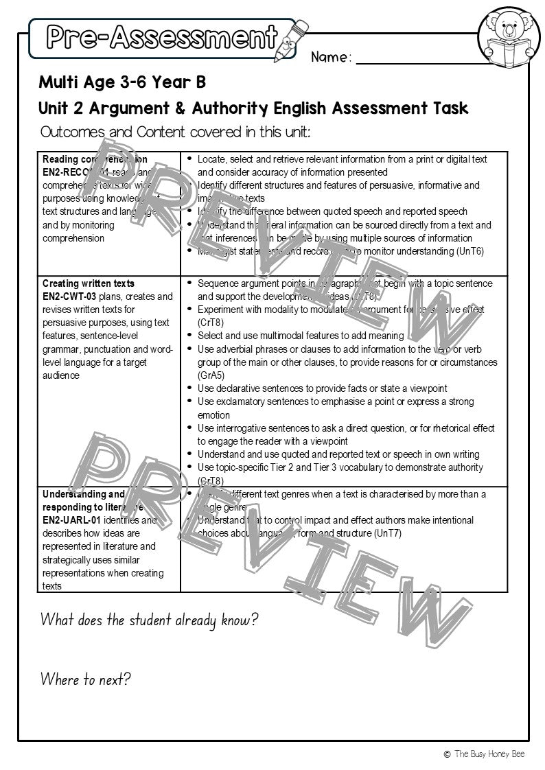 Multi Age 3-6 Year B English Pre- and Post-Assessment Unit 2 Argument and Authority