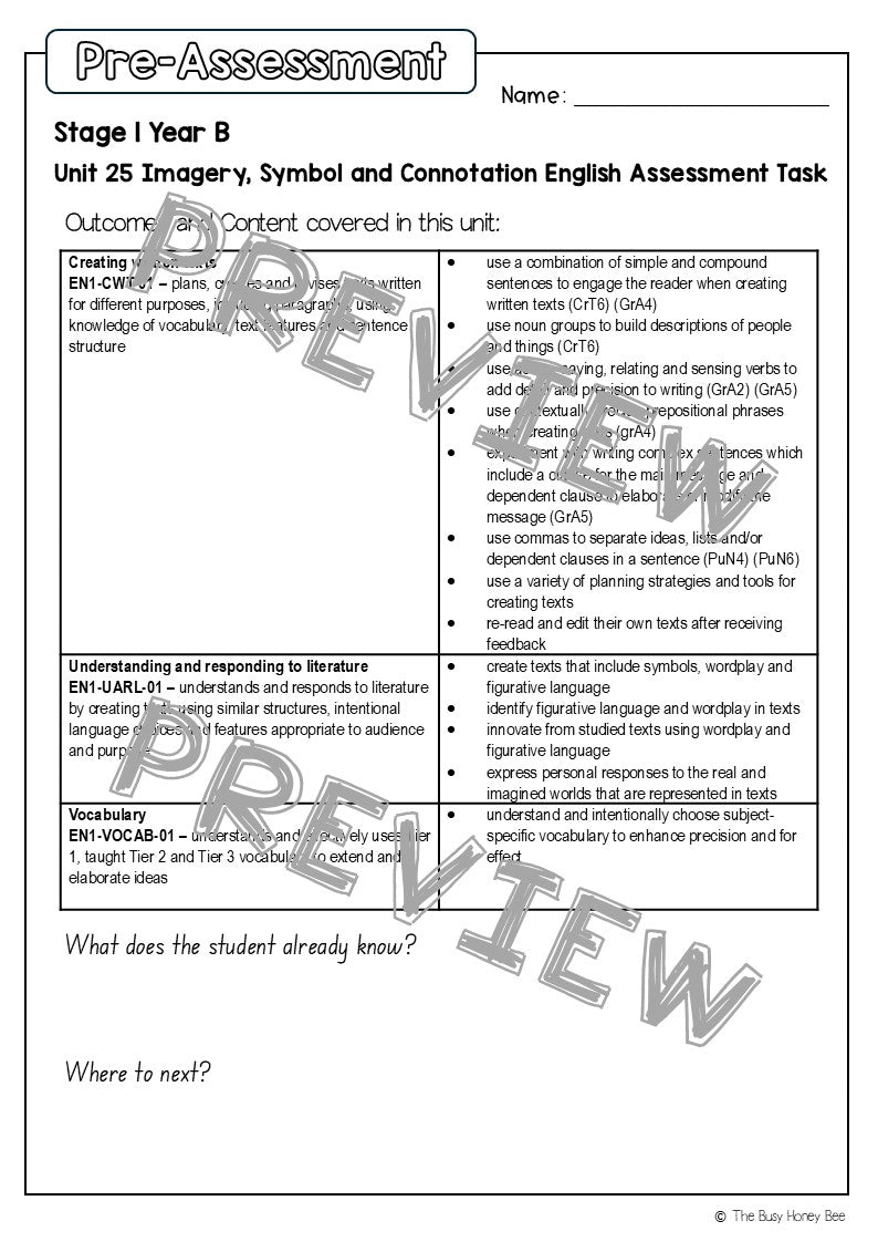 Stage 1 Year B English Pre- and Post-Assessment Unit 25