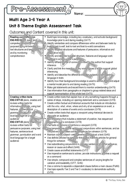 Multi Age 3-6 Year A English Pre- and Post-Assessment Unit 8 Theme