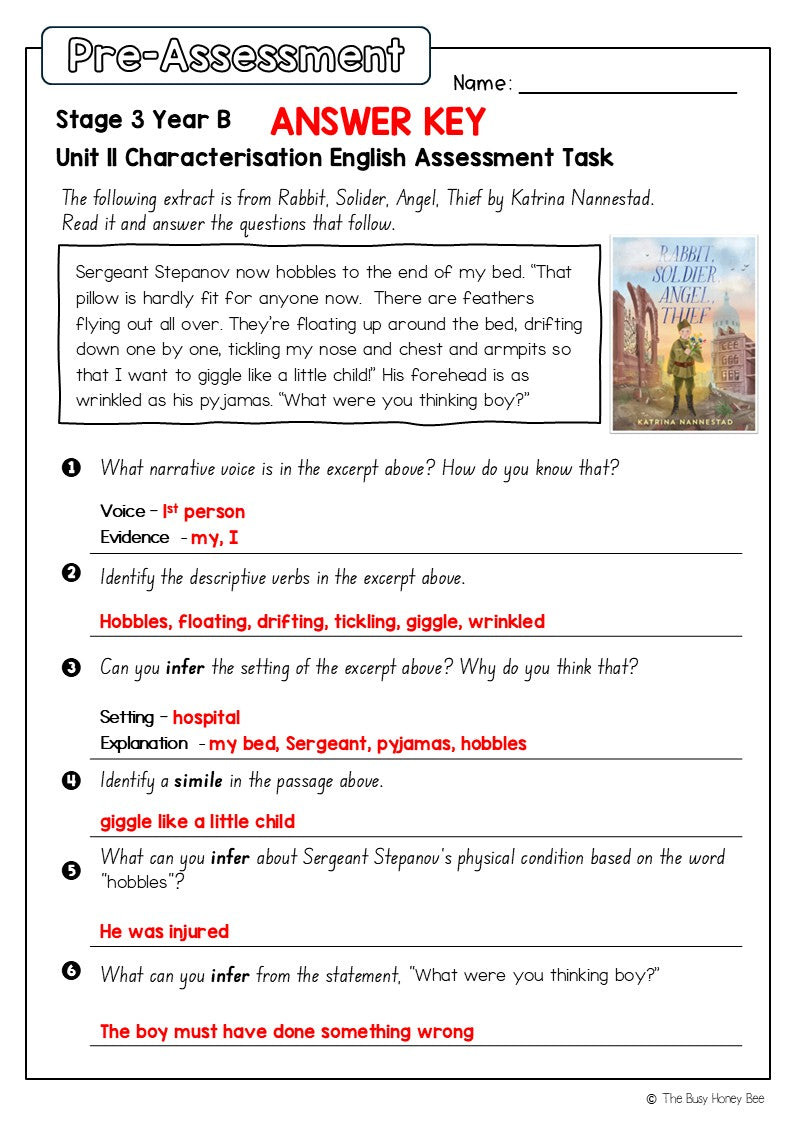 Stage 3 Year B English Pre- and Post-Assessment Unit 11 Characterisation