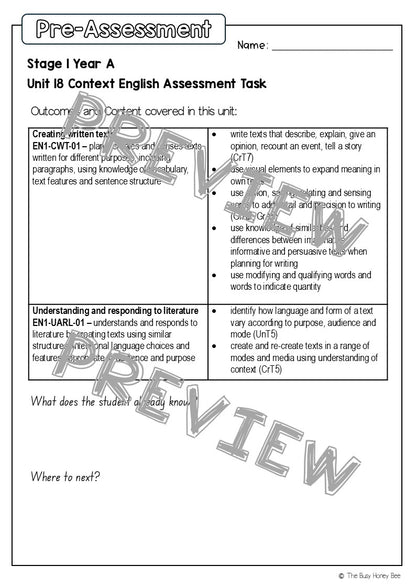 Stage 1 Year A English Pre- and Post-Assessment Unit 18