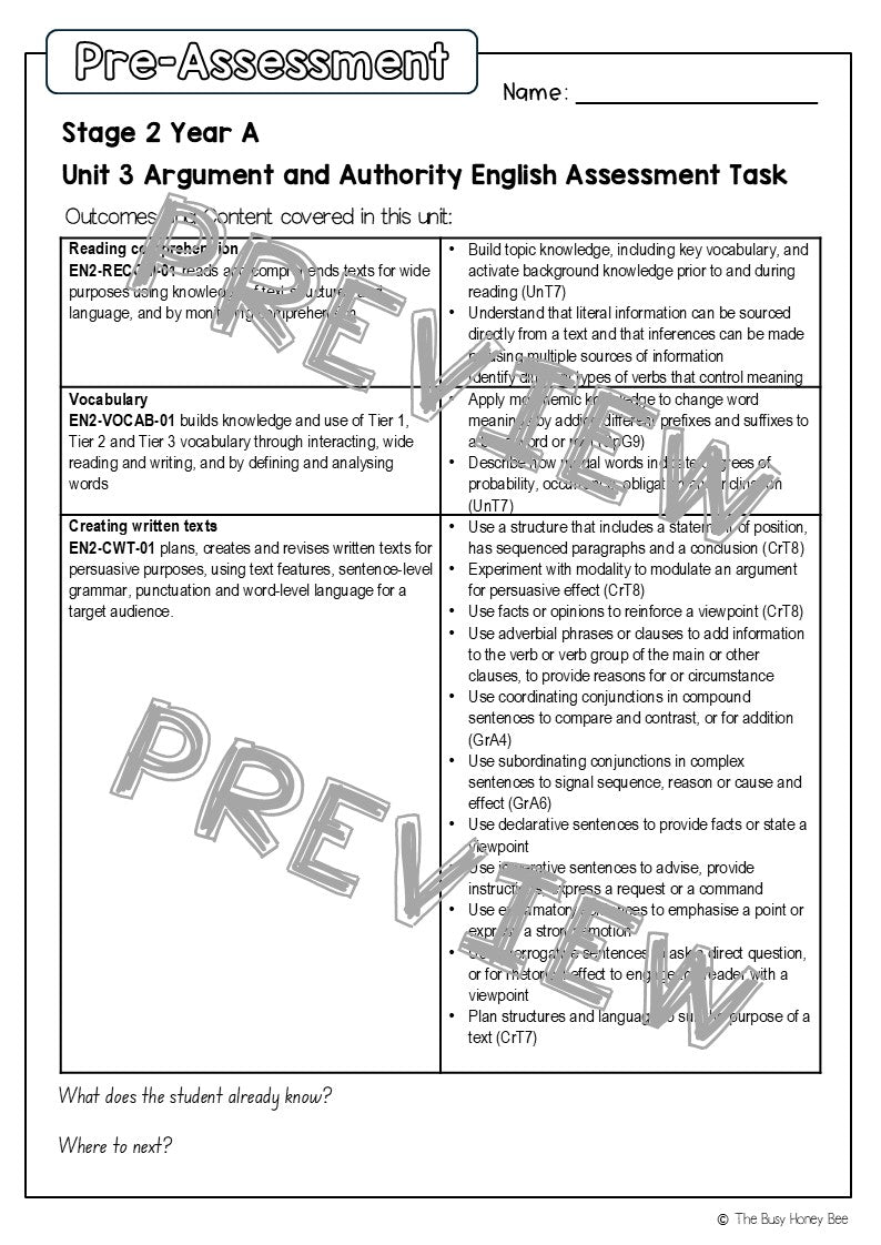 Stage 2 Year A English Pre- and Post-Assessment Unit 3 Argument and Authority