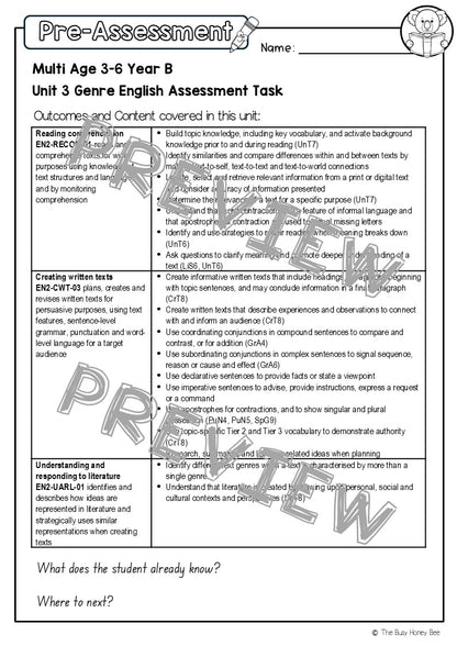 Multi Age 3-6 Year B English Pre- and Post-Assessment Unit 3 Genre