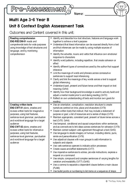 Multi Age 3-6 Year B English Pre- and Post-Assessment Unit 8 Context