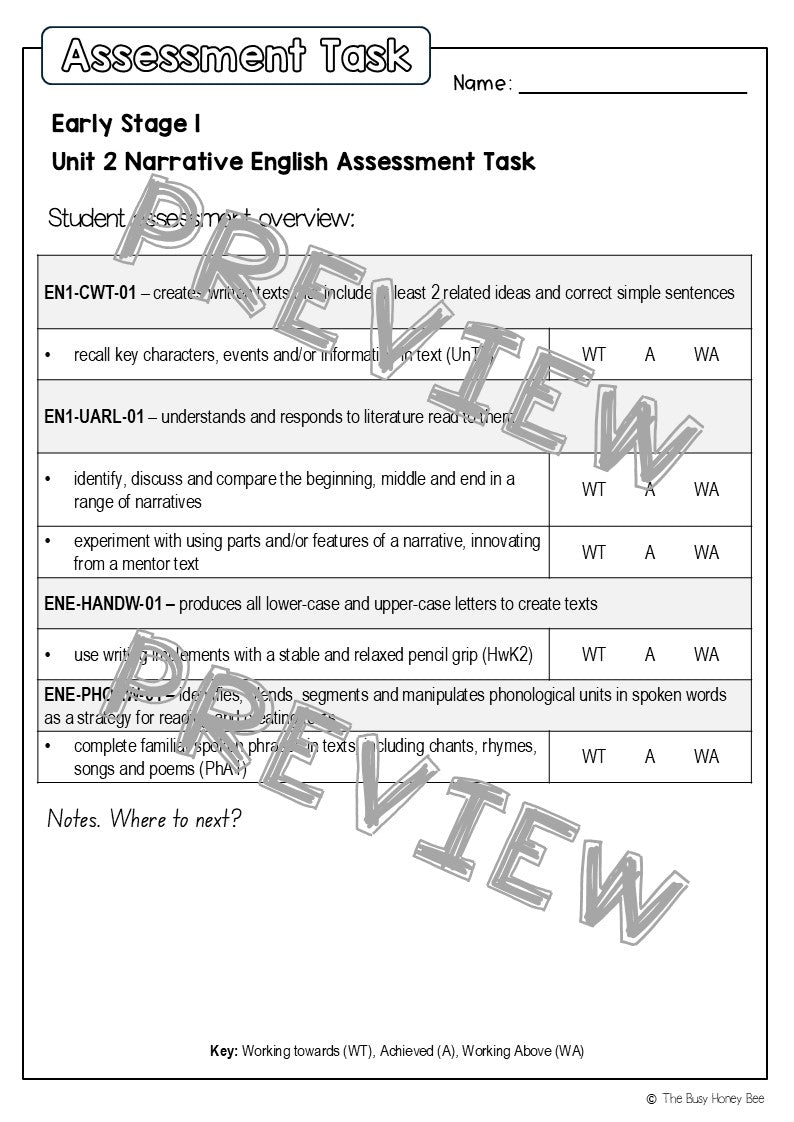 Early Stage 1 English Assessment Unit 2 Narrative