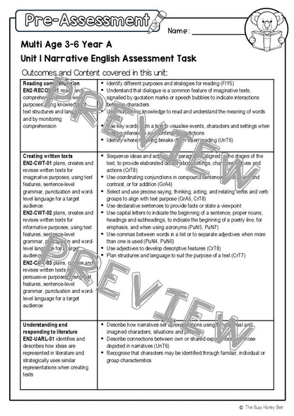 Multi Age 3-6 Year A English Pre- and Post-Assessment Unit 1 Narrative