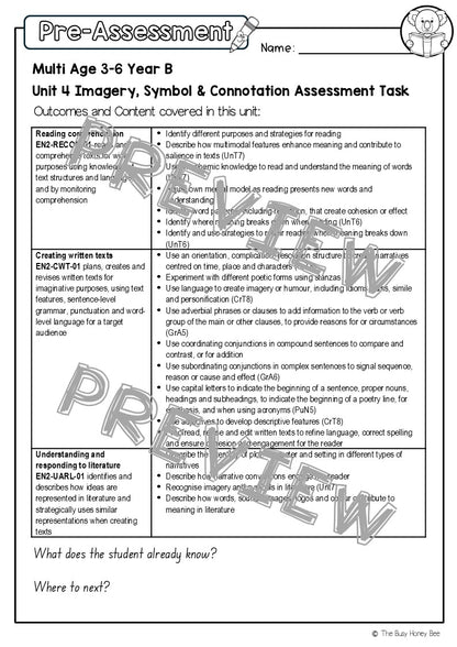 Multi Age 3-6 Year B English Pre- and Post-Assessment Unit 4 Imagery, symbol and connotation