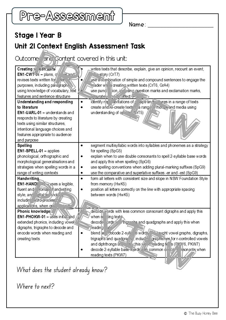 Stage 1 Year B English Pre- and Post-Assessment Unit 21