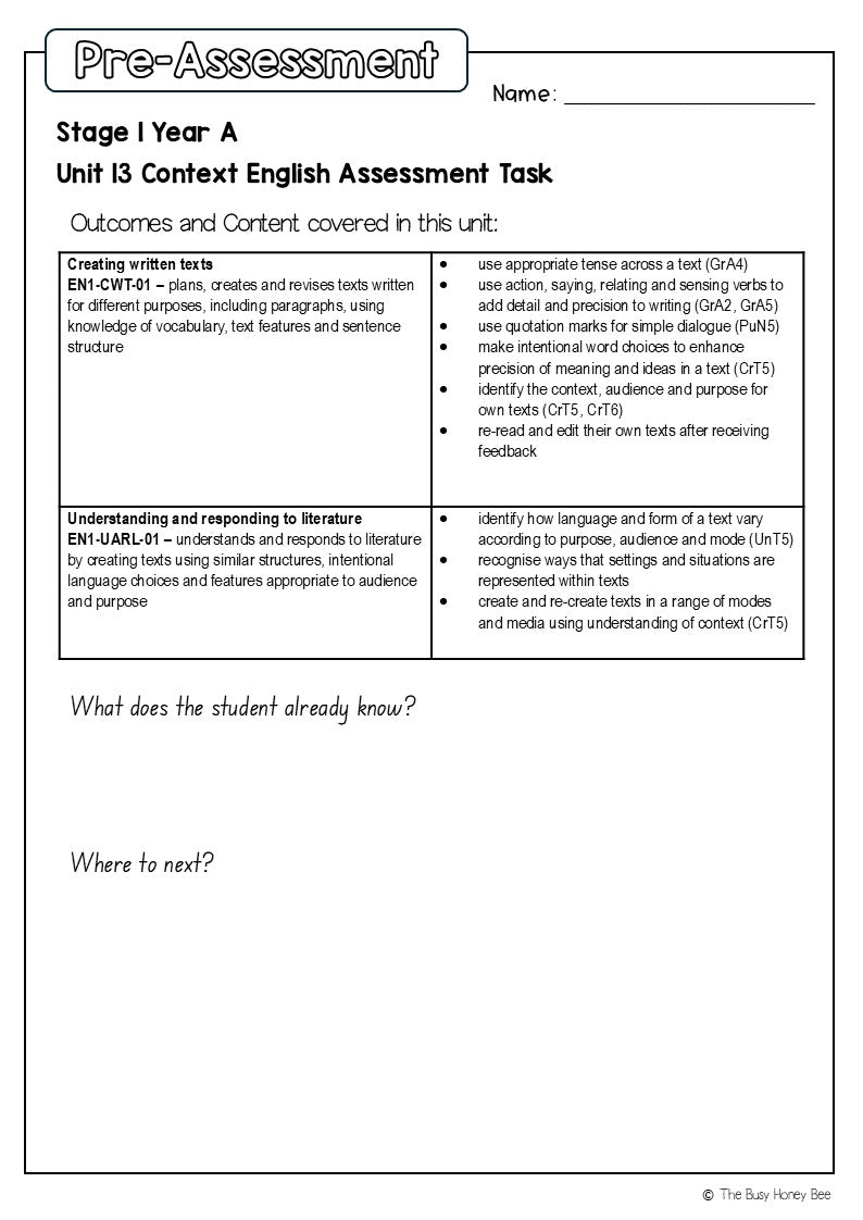 Stage 1 Year A English Pre- and Post-Assessment Unit 13