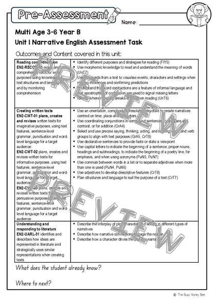 Multi Age 3-6 Year B English Pre- and Post-Assessment Unit 1 Narrative