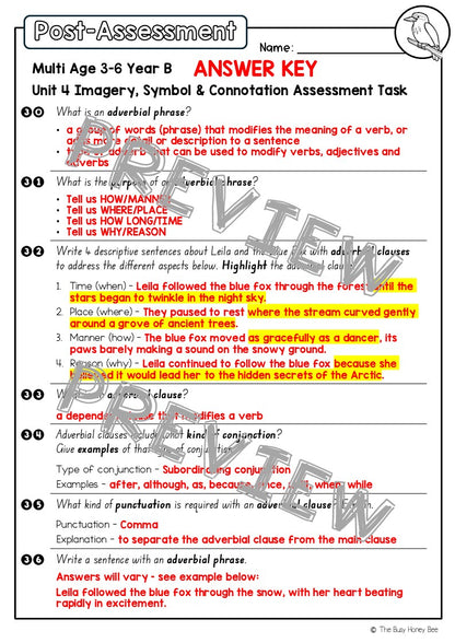 Multi Age 3-6 Year B English Pre- and Post-Assessment Unit 4 Imagery, symbol and connotation