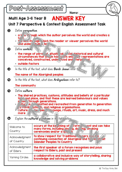 Multi Age 3-6 Year B English Pre- and Post-Assessment Unit 7 Perspective & Context