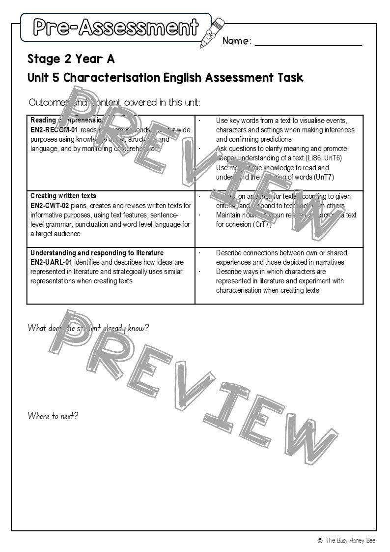 Stage 2 Year A English Pre- and Post-Assessment Unit 5 Characterisation