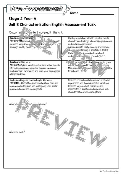 Stage 2 Year A English Pre- and Post-Assessment Unit 5 Characterisation