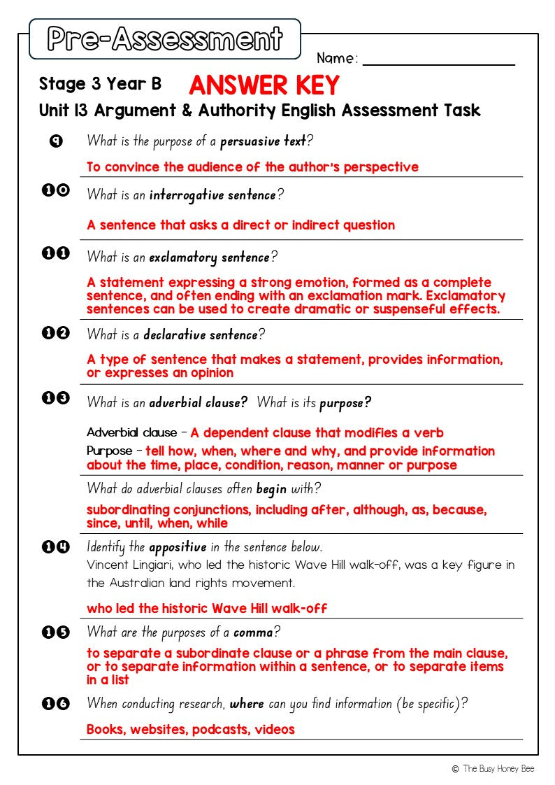 Stage 3 Year B English Pre- and Post-Assessment Unit 13 Argument and authority