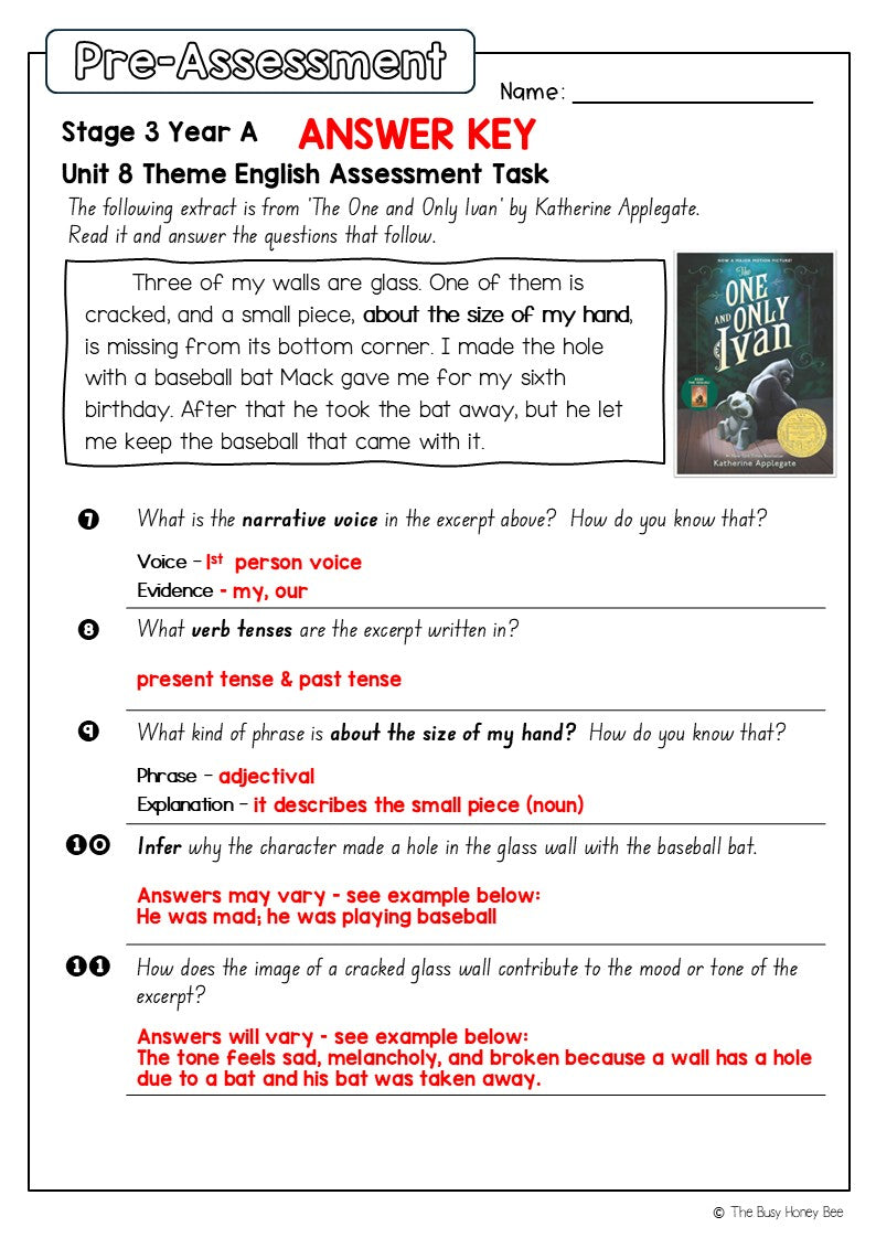 Stage 3 Year A English Pre- and Post-Assessment Unit 8 Theme