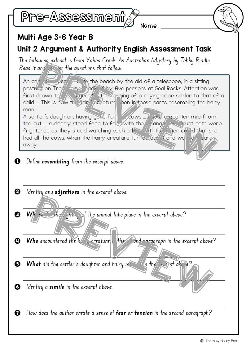 Multi Age 3-6 Year B English Pre- and Post-Assessment Unit 2 Argument and Authority