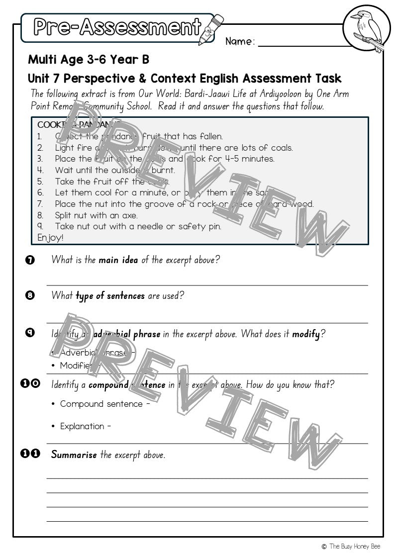 Multi Age 3-6 Year B English Pre- and Post-Assessment Unit 7 Perspective & Context