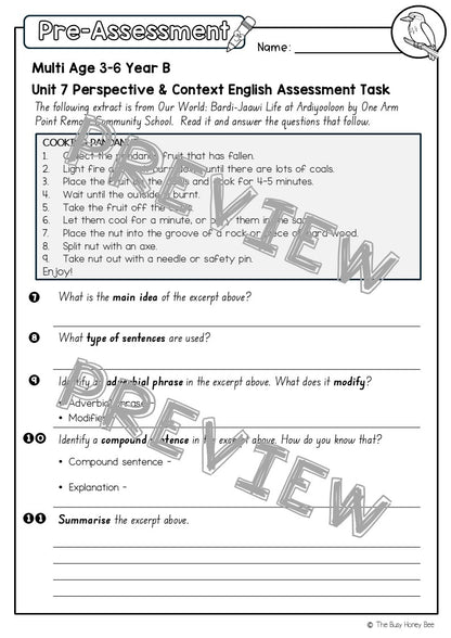 Multi Age 3-6 Year B English Pre- and Post-Assessment Unit 7 Perspective & Context