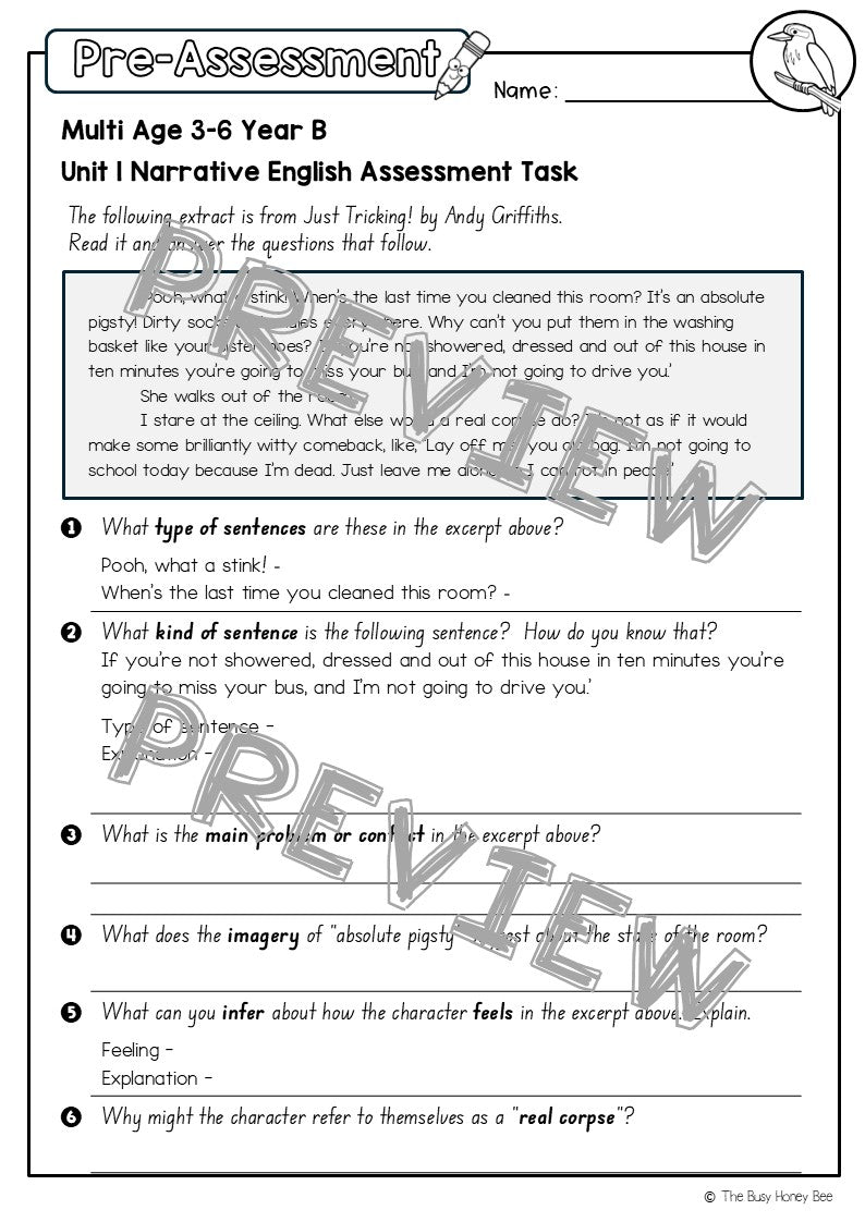 Multi Age 3-6 Year B English Pre- and Post-Assessment Unit 1 Narrative