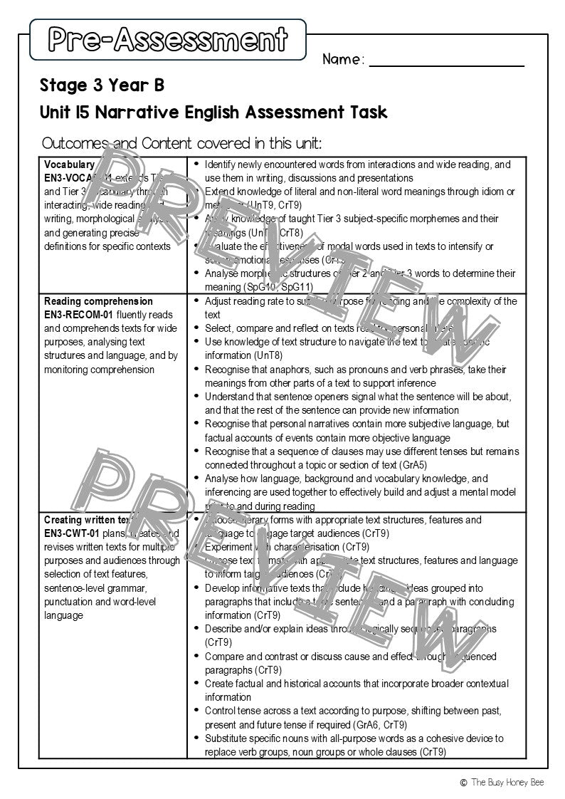 Stage 3 Year B English Pre- and Post-Assessment Unit 15 Narrative