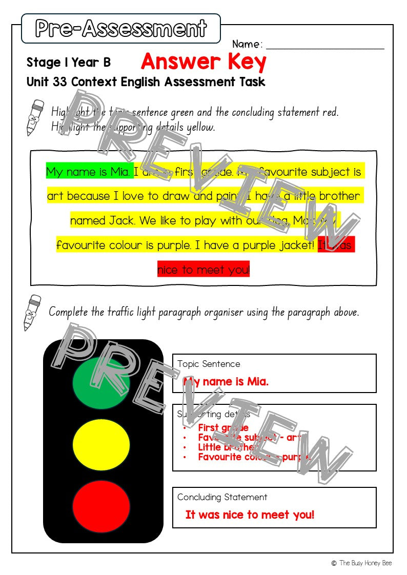 Stage 1 Year B English Pre- and Post-Assessment Unit 33