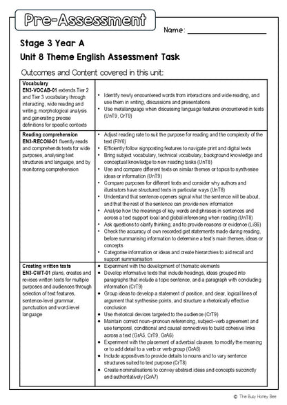 Stage 3 Year A English Pre- and Post-Assessment Unit 8 Theme