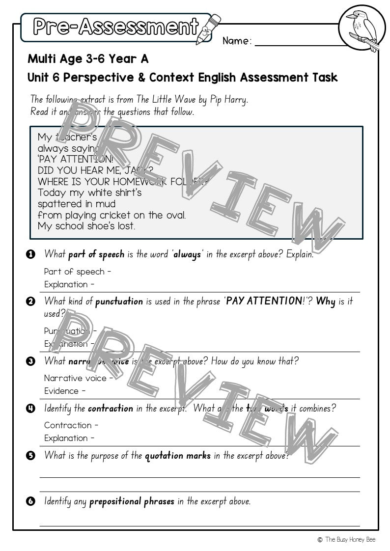 Multi Age 3-6 Year A English Pre- and Post-Assessment Unit 6 Perspective and Context