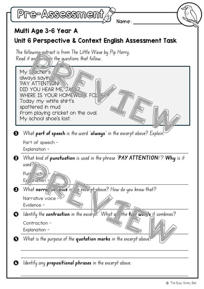 Multi Age 3-6 Year A English Pre- and Post-Assessment Unit 6 Perspective and Context