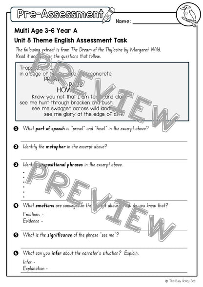 Multi Age 3-6 Year A English Pre- and Post-Assessment Unit 8 Theme