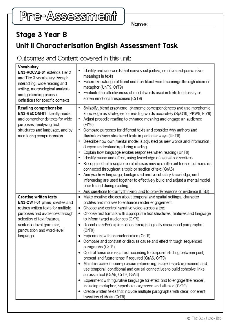 Stage 3 Year B English Pre- and Post-Assessment Unit 11 Characterisation