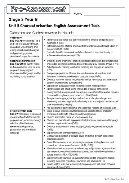 Stage 3 Year B English Pre- and Post-Assessment Unit 11 Characterisation