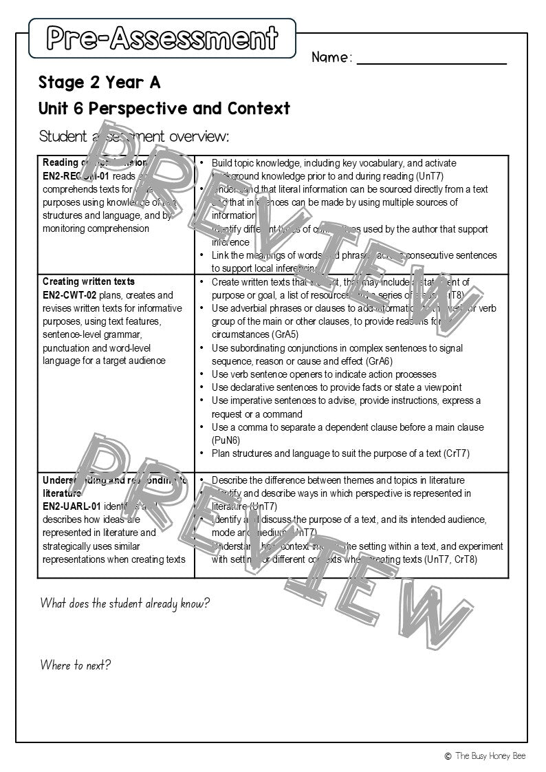 Stage 2 Year A English Pre- and Post-Assessment Unit 6 Perspective and Context