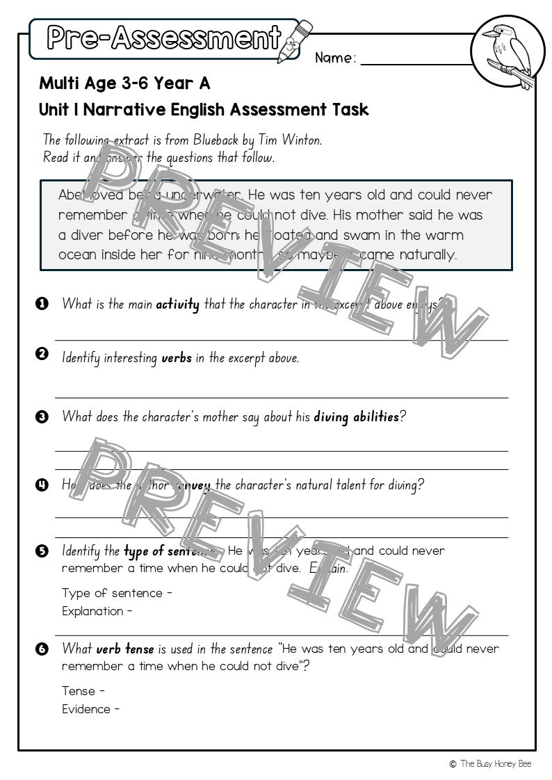 Multi Age 3-6 Year A English Pre- and Post-Assessment Unit 1 Narrative