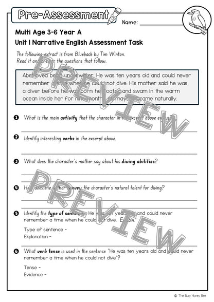 Multi Age 3-6 Year A English Pre- and Post-Assessment Unit 1 Narrative