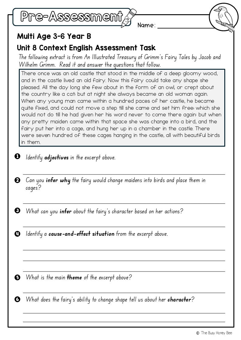 Multi Age 3-6 Year B English Pre- and Post-Assessment Unit 8 Context