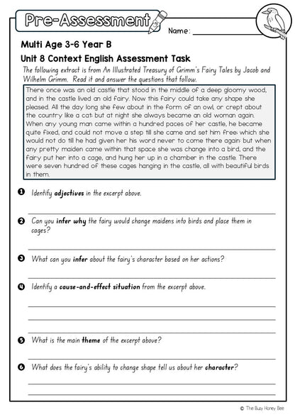 Multi Age 3-6 Year B English Pre- and Post-Assessment Unit 8 Context