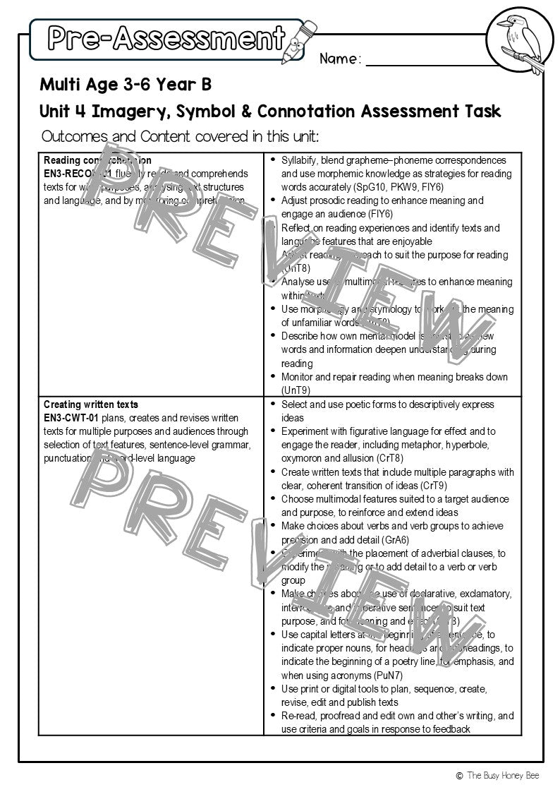 Multi Age 3-6 Year B English Pre- and Post-Assessment Unit 4 Imagery, symbol and connotation