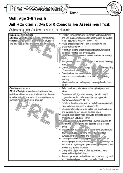 Multi Age 3-6 Year B English Pre- and Post-Assessment Unit 4 Imagery, symbol and connotation