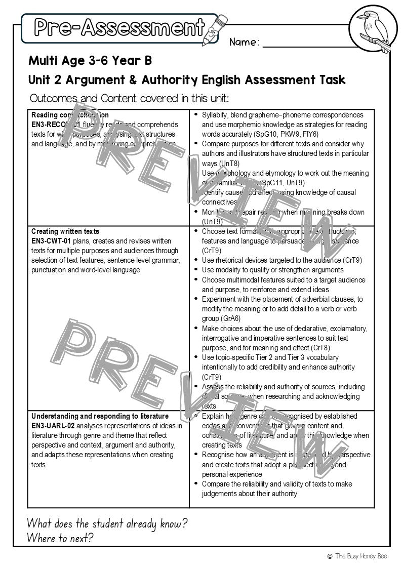 Multi Age 3-6 Year B English Pre- and Post-Assessment Unit 2 Argument and Authority