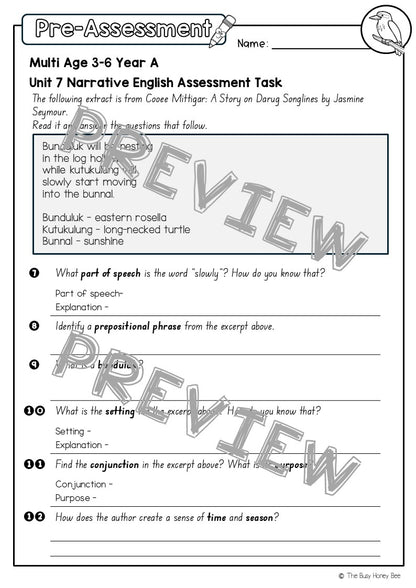 Multi Age 3-6 Year A English Pre- and Post-Assessment Unit 7 Narrative