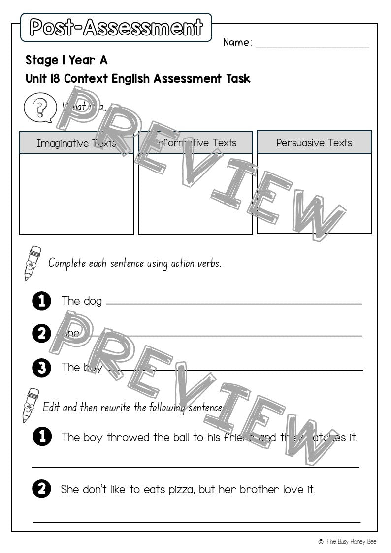 Stage 1 Year A English Pre- and Post-Assessment Unit 18