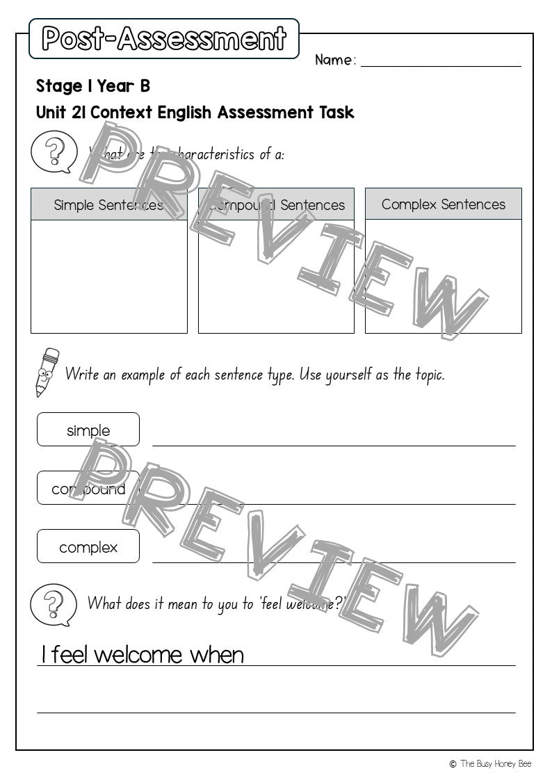 Stage 1 Year B English Pre- and Post-Assessment Unit 21