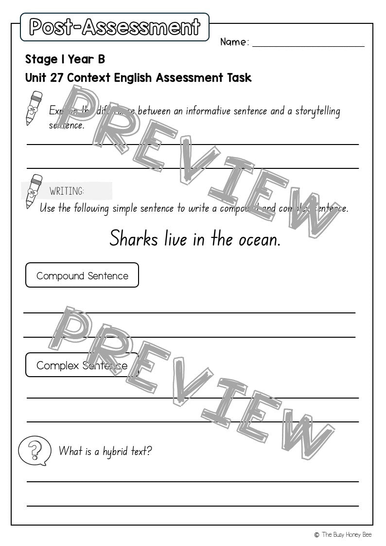 Stage 1 Year B English Pre- and Post-Assessment Unit 27