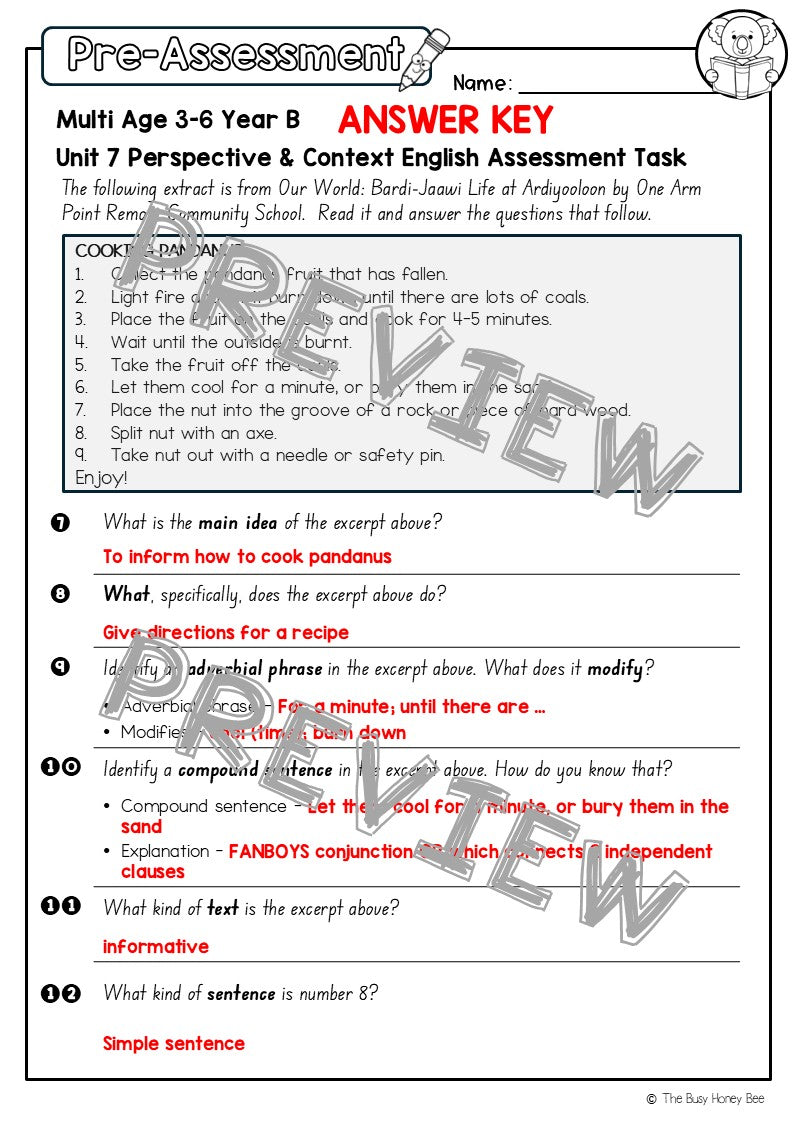 Multi Age 3-6 Year B English Pre- and Post-Assessment Unit 7 Perspective & Context