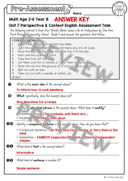 Multi Age 3-6 Year B English Pre- and Post-Assessment Unit 7 Perspective & Context