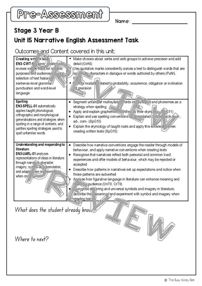 Stage 3 Year B English Pre- and Post-Assessment Unit 15 Narrative